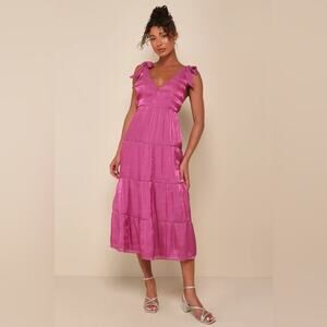 Magenta Lulus Organza Tie-Strap Tiered Midi Dress - Size M. Worn once.